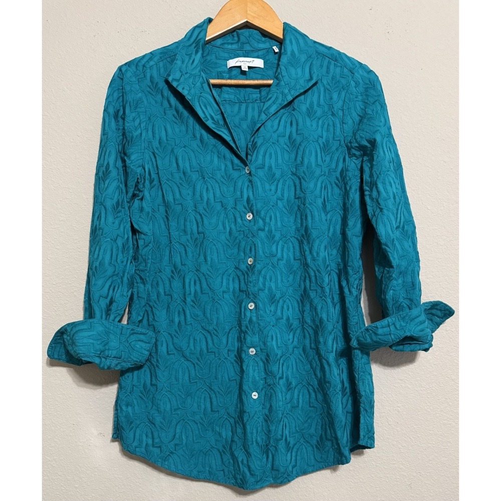 FOXCROFT Women's Shaped Slim Fit Button Up Embroidered Shirt Top 14 Turquoise